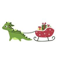 groen weinig draak symbool van 2024 met Kerstmis de kerstman slee met geschenken. vakantie kaart. Chinese nieuw jaar vector