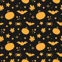 monochroom halloween naadloos patroon. vector illustratie met feestelijk elementen en voorwerpen. vakantie achtergrond met pompoenen, vleermuizen, spinnen en sterren.