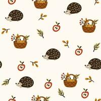 herfst vector achtergrond met schattig egel en rieten mand met oogst. bos- baby dieren naadloos patroon. creatief achtergrond voor kleding stof, textiel, scrapbooken, afdrukken. vector illustratie