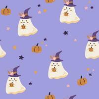 schattig geest naadloos patroon, kinderen halloween digitaal achtergrond. paars spookachtig kleding stof ontwerp met geest en pompoenen. vector illustratie voor textiel, kleding stof en behang