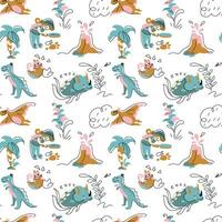 dinosaurussen en paleontoloog. kind afdrukken in tekening stijl. naadloos patroon voor kleding stof, inpakken, textiel, behang, kleding. vector. vector