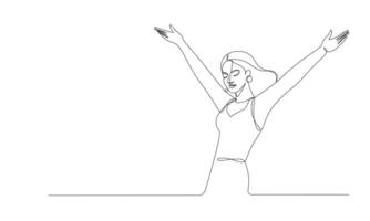 een lijn kunst illustratie van een vrouw met verheven handen in een gebaar van groet of einde van een prestatie, dans, blij uitdrukkingen, viering van vrouwelijkheid, opbeurend energie, medium schot vector