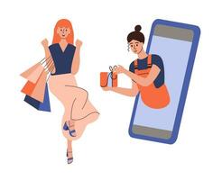 gelukkig vrouw aan het doen online boodschappen doen door smartphone, Holding boodschappen doen Tassen. online boodschappen doen promotionele uitverkoop. vlak vector illustratie.