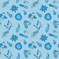 blauw naadloos patroon met bacterie en microben concept vector tekens