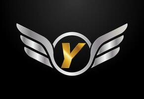 Engels alfabet y met Vleugels logo ontwerp. auto en automotive vector logo concept