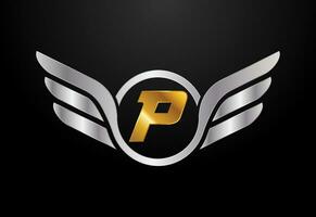 Engels alfabet p met Vleugels logo ontwerp. auto en automotive vector logo concept