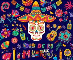 dia de los Muertos Mexicaans schedel, kaarsen, gitaar vector