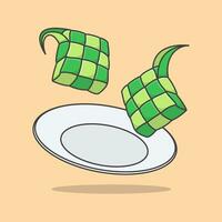 ketupat of rijst- knoedel Aan een bord tekenfilm vector illustratie. eid al fitr ketupat voedsel vlak icoon schets