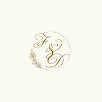 initialen fd bruiloft monogram logo met bladeren en elegant circulaire lijnen vector