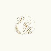 initialen vr bruiloft monogram logo met bladeren en elegant circulaire lijnen vector