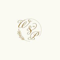 initialen wp bruiloft monogram logo met bladeren en elegant circulaire lijnen vector