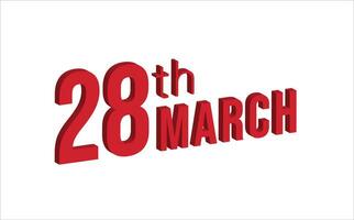 28e maart , dagelijks kalender tijd en datum schema symbool. modern ontwerp, 3d weergave. wit achtergrond. vector