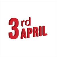 3e april , dagelijks kalender tijd en datum schema symbool. modern ontwerp, 3d weergave. wit achtergrond. vector