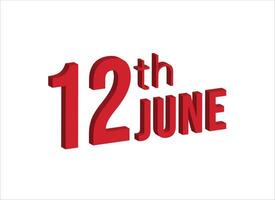 12e juni , dagelijks kalender tijd en datum schema symbool. modern ontwerp, 3d weergave. wit achtergrond. vector