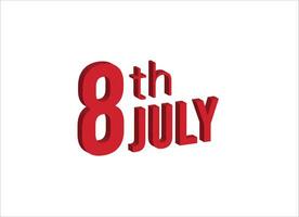 8e juli , dagelijks kalender tijd en datum schema symbool. modern ontwerp, 3d weergave. wit achtergrond. vector