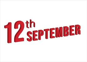 12e september , dagelijks kalender tijd en datum schema symbool. modern ontwerp, 3d weergave. wit achtergrond. vector