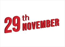 29e november , dagelijks kalender tijd en datum schema symbool. modern ontwerp, 3d weergave. wit achtergrond. vector