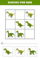 onderwijs spel voor kinderen gemakkelijk sudoku voor kinderen met schattig tekenfilm groen dinosaurus afdrukbare prehistorisch dinosaurus werkblad vector