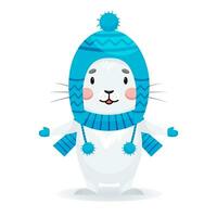 baby grijs konijn staand in een hoed, sjaal, wanten. gelukkig konijn in winter kleren. karakter in tekenfilm stijl vector