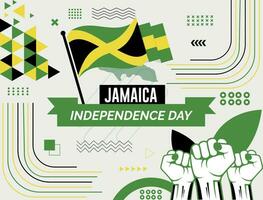 Jamaica nationaal dag banier met kaart, vlag kleuren thema achtergrond en meetkundig abstract retro modern kleurrijk ontwerp met verheven handen of vuisten. vector