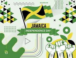 Jamaica nationaal dag banier met kaart, vlag kleuren thema achtergrond en meetkundig abstract retro modern kleurrijk ontwerp met verheven handen of vuisten. vector