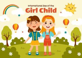 Internationale dag van de meisje kind vector illustratie met weinig meisjes voor bewustzijn en menselijk rechten in vlak kinderen tekenfilm achtergrond Sjablonen