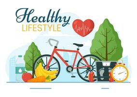 gezond levensstijl vector illustratie met biologisch groenten of fruit, sport en training in vlak tekenfilm hand- getrokken achtergrond ontwerp Sjablonen
