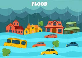 overstromingen vector illustratie van de storm veroorzaakt ravage en overstroomd de stad met huizen en auto's zinkend in vlak tekenfilm achtergrond Sjablonen