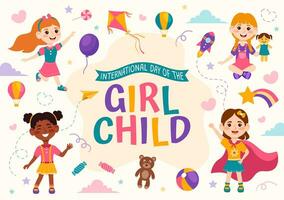 Internationale dag van de meisje kind vector illustratie met weinig meisjes voor bewustzijn en menselijk rechten in vlak kinderen tekenfilm achtergrond Sjablonen