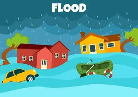 overstromingen vector illustratie van de storm veroorzaakt ravage en overstroomd de stad met huizen en auto's zinkend in vlak tekenfilm achtergrond Sjablonen