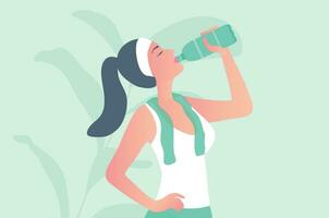 vrouw drinken water fles vector illustratie. gezond levensstijl concept