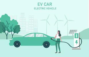 elektrisch auto, ev auto, auto opladen accu Bij elektrisch opladen station met zonne- paneel en wind turbines. duurzame groen energie voor ecologie omgeving. futuristische vervoer vector