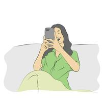 glimlachen vrouw gebruik makend van smartphone Aan haar bed illustratie vector hand- getrokken geïsoleerd Aan wit achtergrond