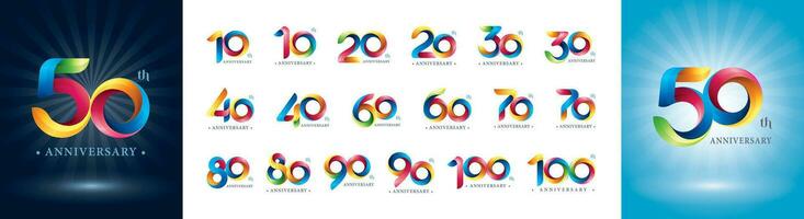 reeks van 10 naar 100ste verjaardag logotype ontwerp, twist linten logo, origami gestileerde aantal vector