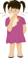 tekenfilm tekening van een meisje staand Holding een kleding over- haar neus, gevoel ziek en hoesten net zo een symptoom van verkoudheid of bronchitis. Gezondheid zorg concept vector illustratie.