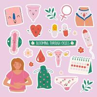 kawaii stickers vrouwelijk hygiëne producten verzameling hand- getrokken stijl. menstruatie periode vrouw. vector