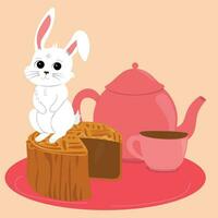 mooncake met schattig konijn en thee pot vector