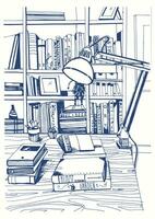 modern interieur huis bibliotheek, boekenplanken, hand- getrokken schetsen illustratie. vector