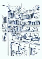 modern interieur huis bibliotheek, boekenplanken, werkplaats hand- getrokken schetsen illustratie. vector