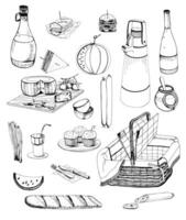 hand- getrokken picknick items set. verzameling met divers voedsel, drankjes, mand. contour illustratie. vector