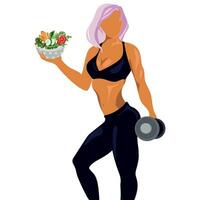 mooi geschiktheid vrouw met halters en een bord van vers salade in haar hand.gezond levensstijl concept. geïsoleerd vector illustratie. training sport motivatie concept. sport en gezond aan het eten