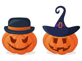 halloween pompoen met heks hoed en bowler hoed vector