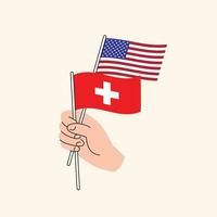 tekenfilm hand- Holding Verenigde staten en Zwitsers vlaggen. Verenigde Staten van Amerika en Zwitserland relaties vector