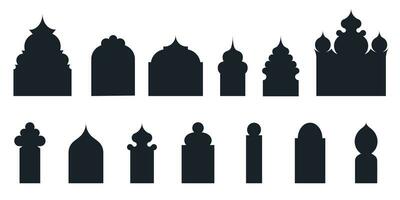 verzameling van Arabisch oosters ramen, bogen en deuren. modern ontwerp in zwart voor lijsten, patronen moskee koepel en lantaarns Islamitisch Ramadan kareem en eid mubarak stijl. vector illustratie