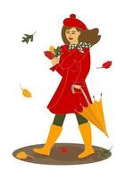 een jong glimlachen vrouw met een boeket van herfst bladeren en een gevouwen paraplu in een warm jas, baret en laarzen wandelingen. herfst wandelen, vector illustratie