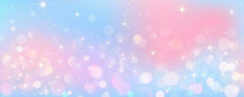 roze eenhoorn achtergrond. pastel waterverf lucht met schitteren sterren harten en bokeh. fantasie heelal met holografische textuur. magie marmeren ruimte. vector