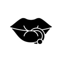 lip piercing zwarte glyph pictogram. mooi sieraadtype ingebracht in lip. metalen naalden voor het maken van professioneel piercingwerk. silhouet symbool op witte ruimte. vector geïsoleerde illustratie