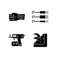 tattoo en piercing tools zwarte glyph pictogrammen instellen op witruimte. speciale naalden voor het injecteren van inkt in de huid. pistool om gaten in de huid te maken voor sieraden. silhouet symbolen. vector geïsoleerde illustratie