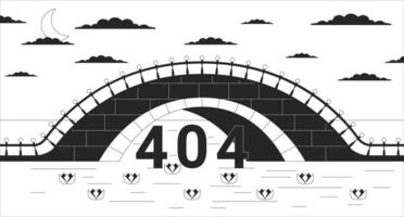 schemering brug aan de overkant rivier- zwart wit fout 404 flash bericht. schemer bovenstaand water lelies. monochroom landen bladzijde ui ontwerp. niet gevonden tekenfilm afbeelding, dromerig gevoel. vector vlak schets illustratie