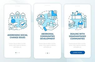 Maatschappijontwikkeling richt zich op het onboarding-paginascherm van de mobiele app met concepten. aboriginal community walkthrough 3 stappen grafische instructies. ui, ux, gui vectorsjabloon met lineaire kleurenillustraties vector